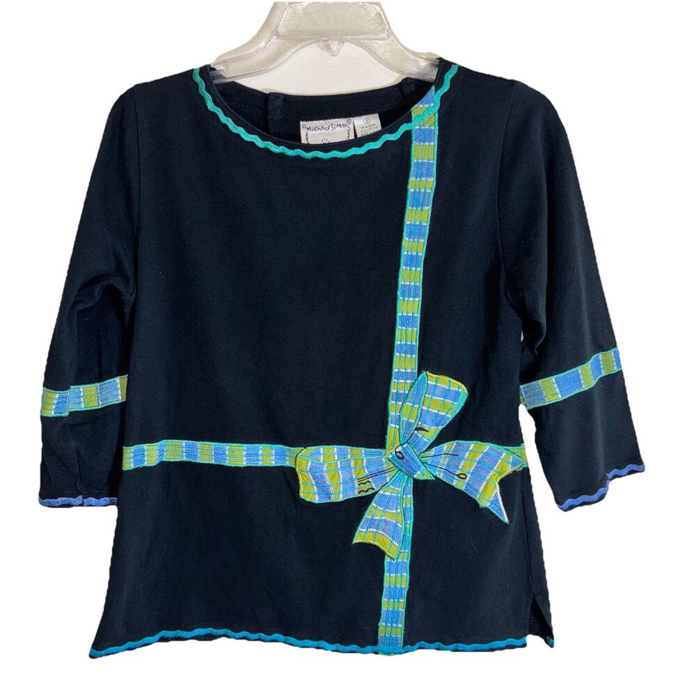 Michael Simon Lite Black 3/4 Sleeve Top Plaid Bow Appliqué Embroidered Sz Small